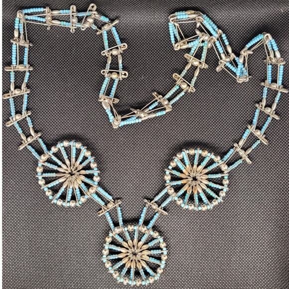 Retro Luxe Handmade Blue Bead Squash Blossom Necklace Boho Statement Piece - Picture 5 of 8